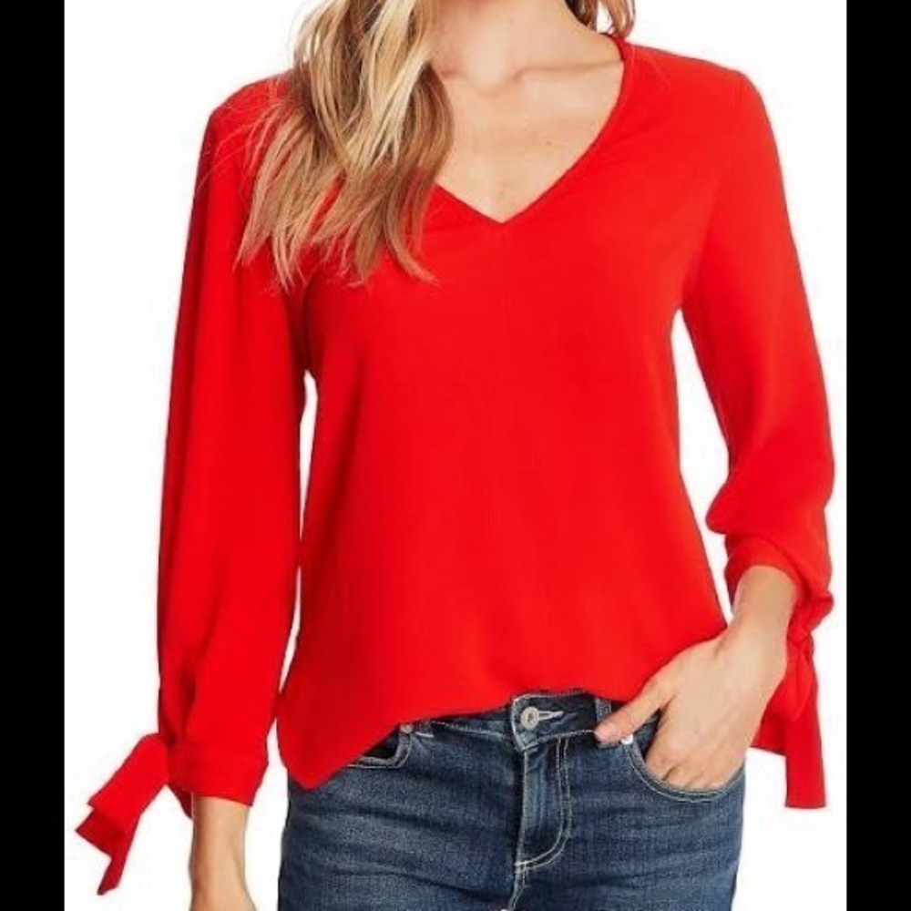 CeCe 3/4 Bow Tie Sleeve V-Neck Volume Blouse - Red